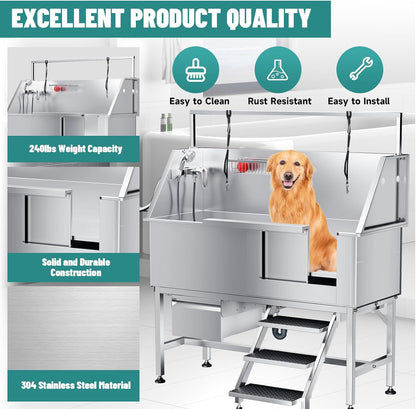 Dog Washing Station 46"" Dog Grooming Tub with Right Stair& Faucet, Dog Bathtub for Large,Medium,Small Pets, Stainless Steel Dog Bathing Station for Home (Left Door)