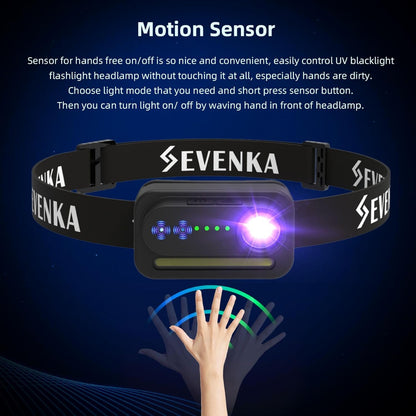 SEVENKA 2 UV Headlamp Flashlight Black Light, Rechargeable LED Hand Free Mini UV Blacklight 395nm Head Lights with White & Ultraviolet Light, Detector for Pet Dog/Cat Urine Stains,Bed Bug,Scorpions