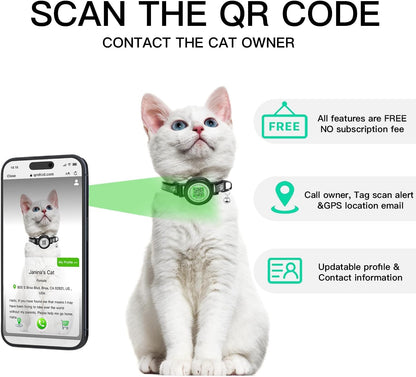 Waterproof Airtag Cat Collar with QR TAG & Reflective, Footprints Pattern, Lightweight Kitten Collar for Apple AirTag, Hidden GPS Tracker Holder for Cats, Kittens (Black)(7-12”)