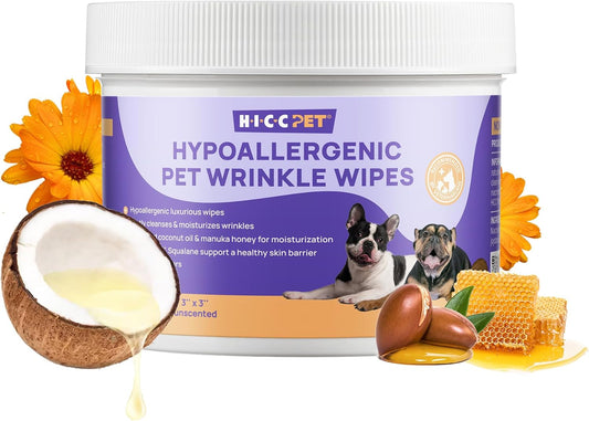 HICC PET Wrinkle Wipes for Dog & Cat, Cleaning Deodorizing Nourish Fur Coconut Oil Grooming Pet Wipes, Hypoallergenic - 100 Count