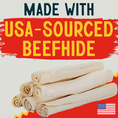 Canine Chews 10-11" Rawhide Bones for Large Dogs, Durable USA Beefhide Dog Rawhide Chews, Retriever Rolls 20 Pack (5 lbs)
