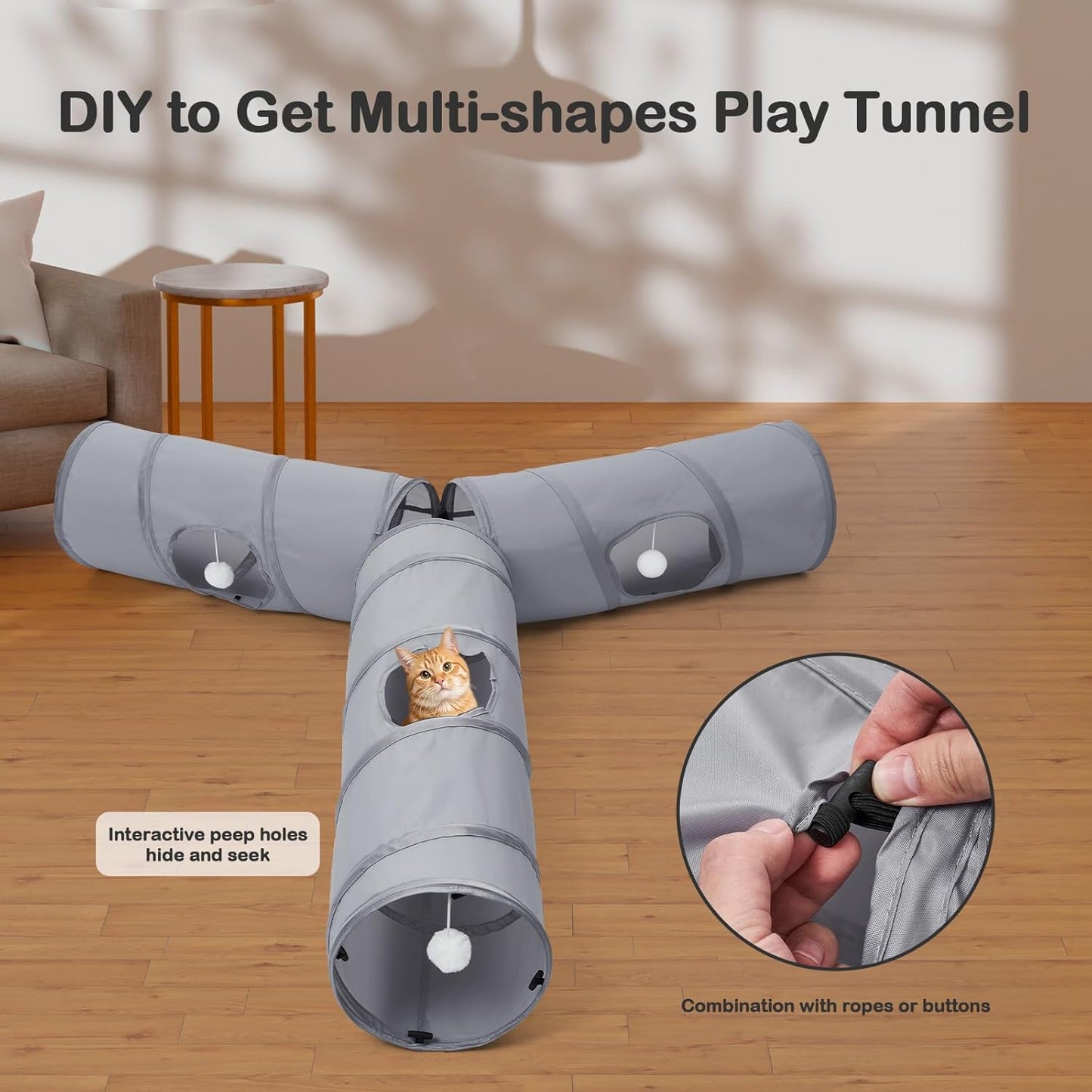 Cat Tunnel 3 Straight Shaped Pet Tunnels, Tube Cat Toys 6 DIY Shapes with Wand Toys, Scratch Resistant Collapsible Cats Tubes for Indoor Puppy, Kitten, Rabbit Silver 82in