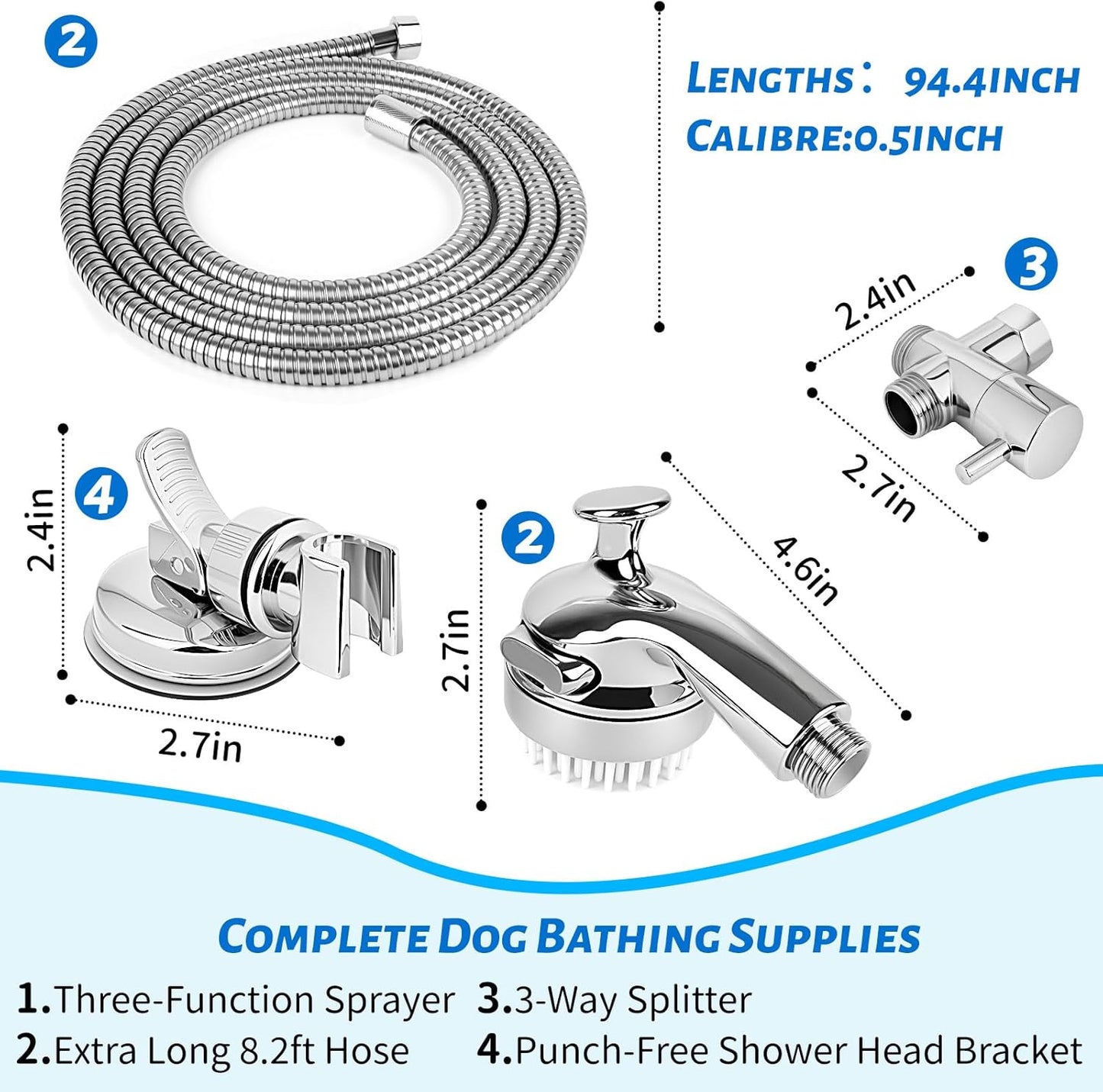 Pet Shower Attachment with 8.2ft Hose & Silicone Brush，Three modes Dog Bathing Tool，Easy Connect to Bathtub Faucet for Dogs Cats Home Use