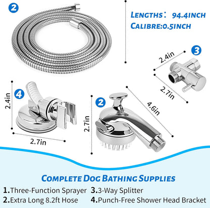 Pet Shower Attachment with 8.2ft Hose & Silicone Brush，Three modes Dog Bathing Tool，Easy Connect to Bathtub Faucet for Dogs Cats Home Use