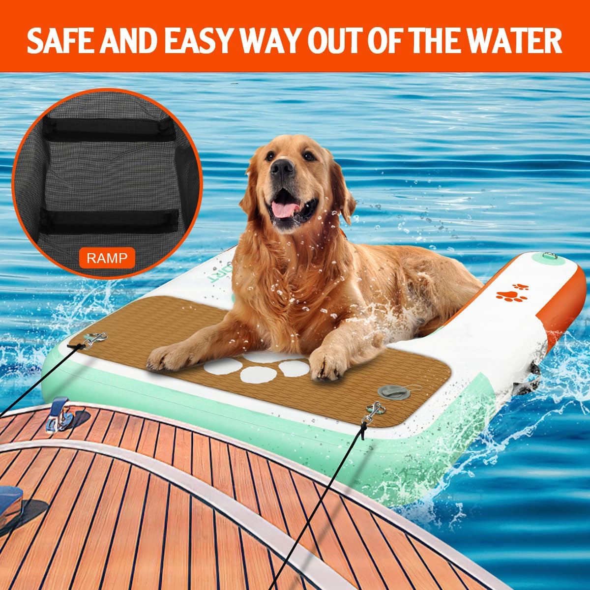 FBSPORT Inflatable Dog Boat Ramp Floating Dock Water Ramp Ladder for Pool, Boat, Non-Slip EVA Floating Ladder for Dog Up to 220 LBs, Safe & Easy Access