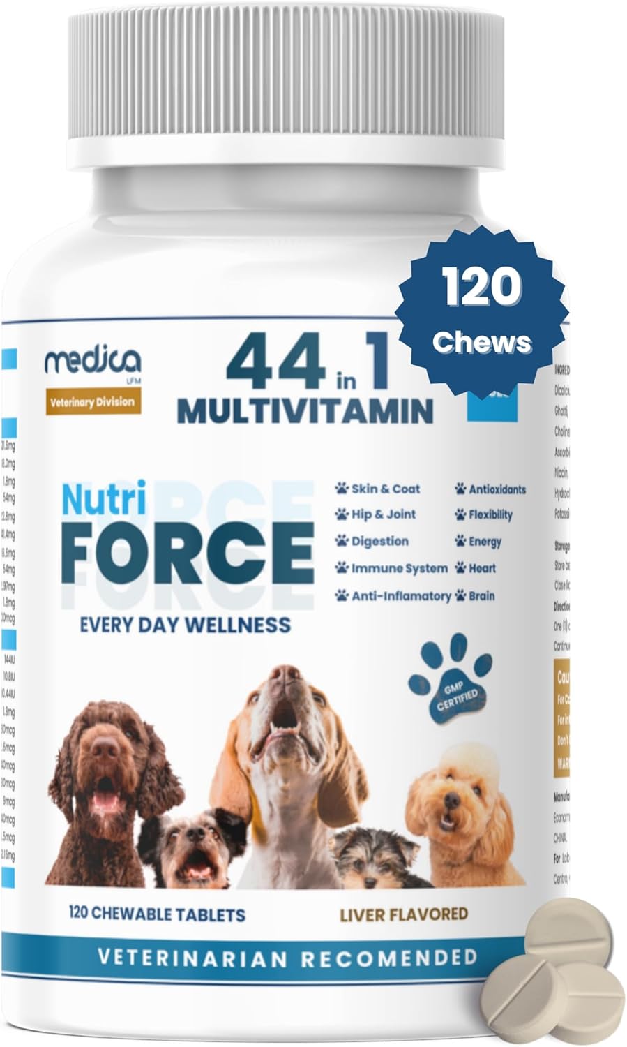 NutriForce 44-in-1 Multivitamin for Dogs – Daily Supplement for Hip & Joint, Skin & Coat, Immune, Digestion, Energy & Heart – 120 Chewable Tablets – Liver Flavor – All Breeds & Ages – Vet Recommended