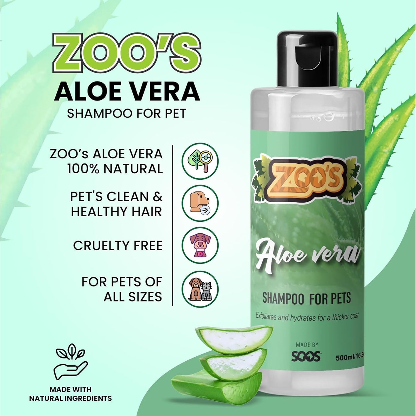Zoo’s Pet Aloe Vera Shampoo for Dogs and Cats - Fast Absorbing, Moisturize Skin & Fur for Stronger, Thicker Coat - Remove Dead Skin Cells - 500ml