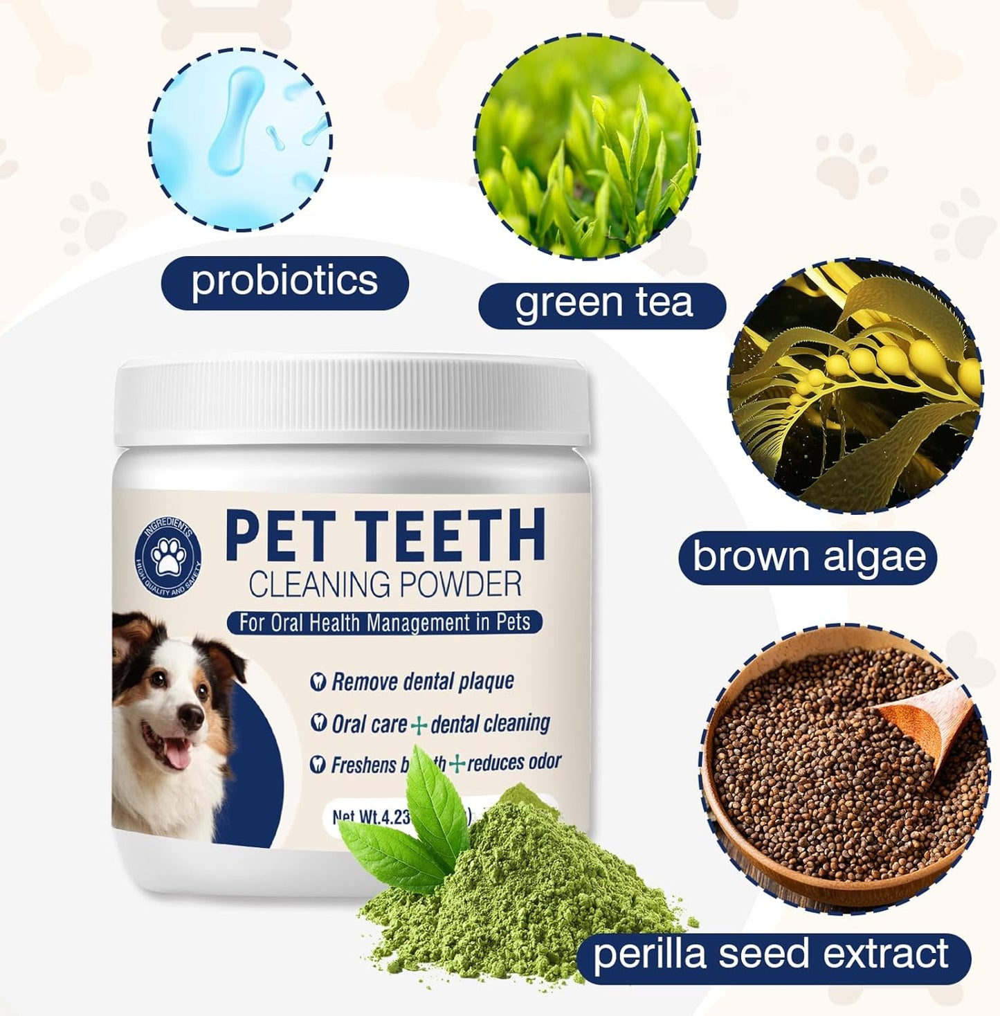 Dental Powder for Dogs Dog Teeth Cleaning Products Dog Tooth Cleaning Powder with Probiotics for Dogs Bad Breath Treatment Plaque and Tartar for Small Medium and Large Pet Dental Cleaner 120 G