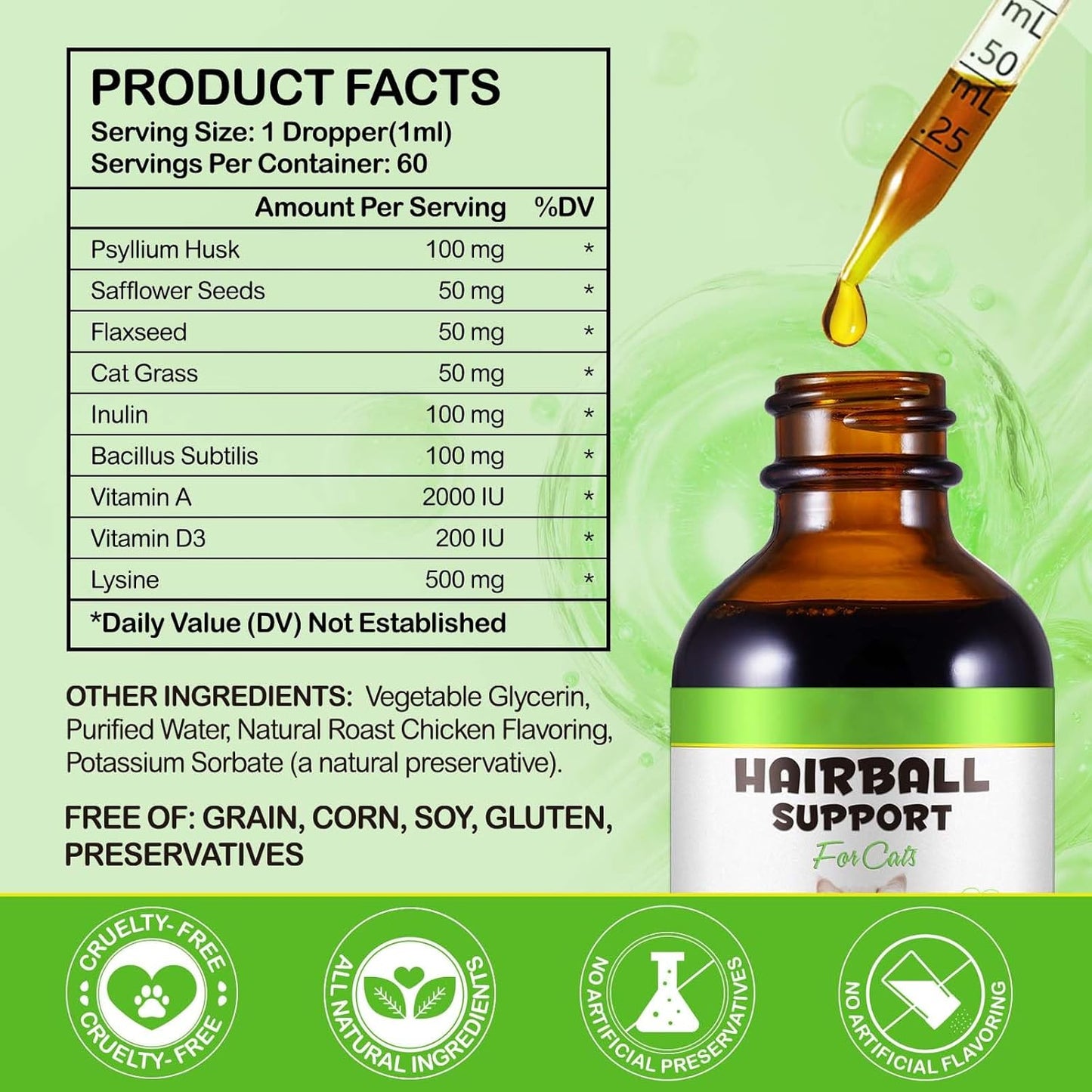 Hairball Treatment for Cats, Cat Hairball Remedy, Hairballs Drops Promotes Natural Passage of Hairballs, Supports Skin & Coat, Digestion, Immune - Chicken Flavor, 60ML