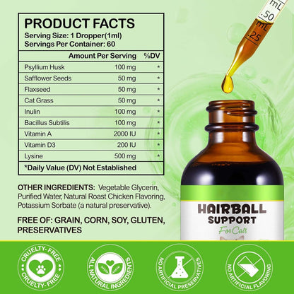 Hairball Treatment for Cats, Cat Hairball Remedy, Hairballs Drops Promotes Natural Passage of Hairballs, Supports Skin & Coat, Digestion, Immune - Chicken Flavor, 60ML