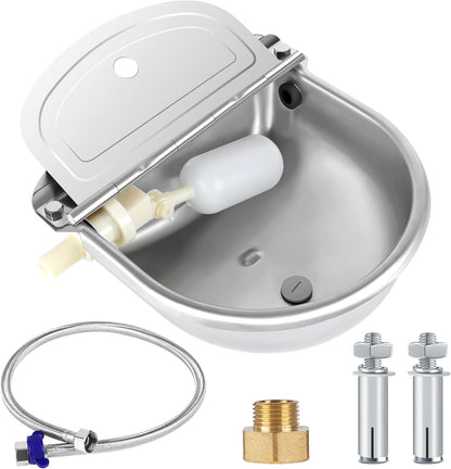 ToLanbbt Automatic Animal Dispenser Horse Water Bowl with Float Valve Stainless Steel Goat Waterer Feeder Outside Water Trough for Livestock Auto Fill Dog Watering Bowl with 1/2" Hose, Drainage Hole