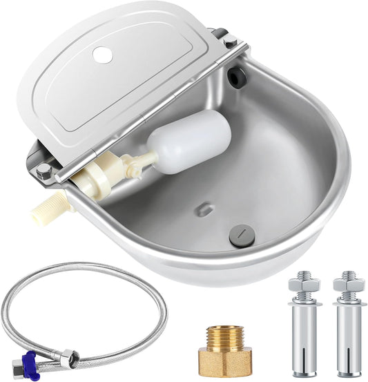 ToLanbbt Automatic Animal Dispenser Horse Water Bowl with Float Valve Stainless Steel Goat Waterer Feeder Outside Water Trough for Livestock Auto Fill Dog Watering Bowl with 1/2" Hose, Drainage Hole