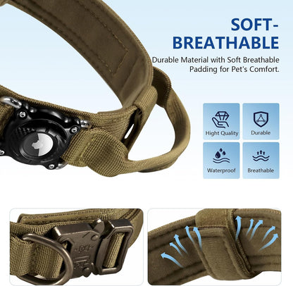2025 Upgrade Military Tactical Dog Collar with Waterproof AirTag Holder - Heavy Duty Nylon GPS Tracking Collar with Control Handle & Metal Buckle for Medium Large Dogs (Khaki, Large)