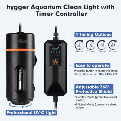 hygger Aquarium U-V Light with Timer, 360° Protective Shield Light for Green Water and Algae Cleaning with 2 PCS Replacement Bulbs for Freshwater Saltwater Tank (5W for 13-40 Gallon)