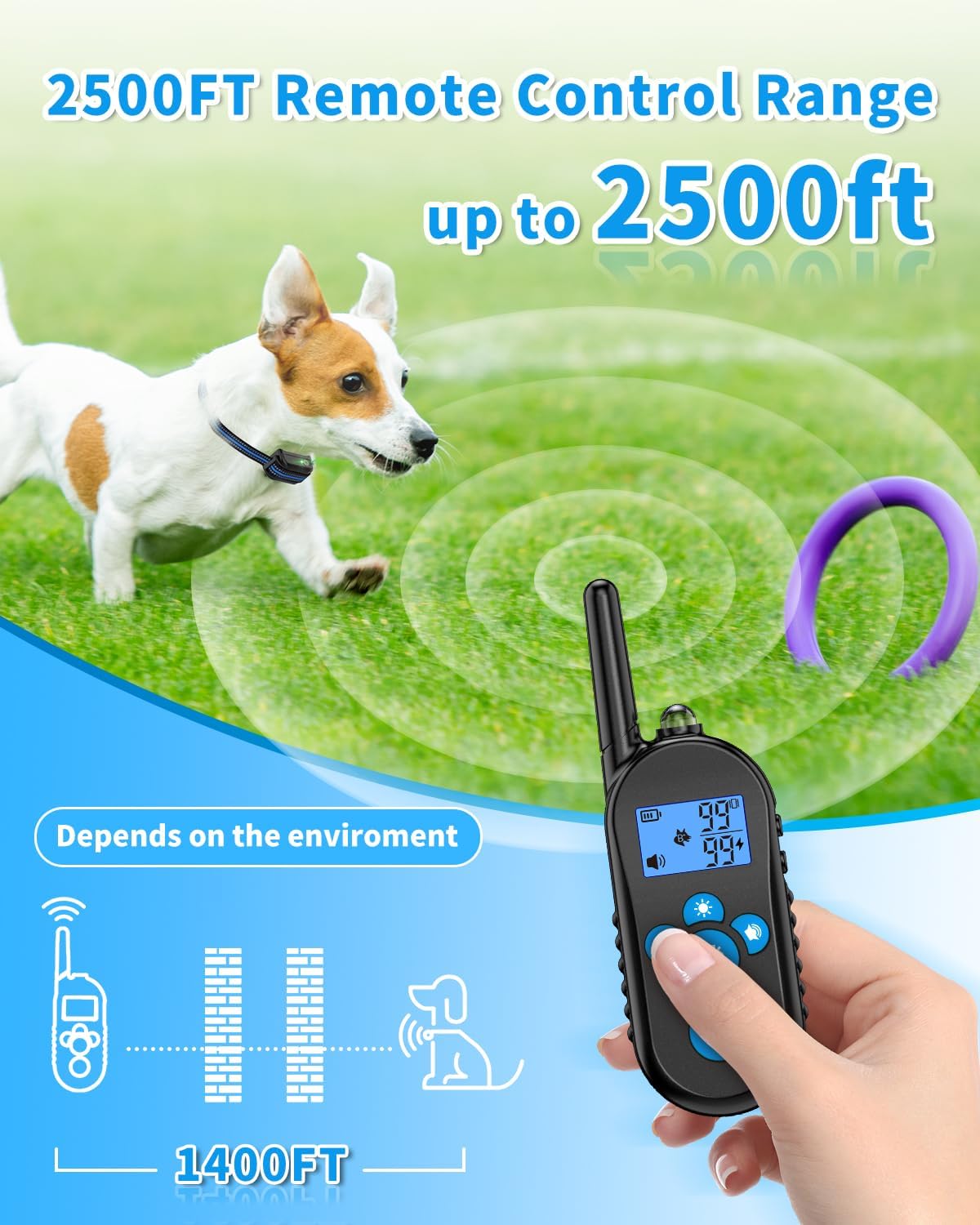 Dog Training Collar, 2500FT Training Collar with Remote for 20-110lbs Medium Large Small Dogs, IPX7 Waterproof Rechargeable eCollar with 4 Training Modes, Beep, Light, Vibration