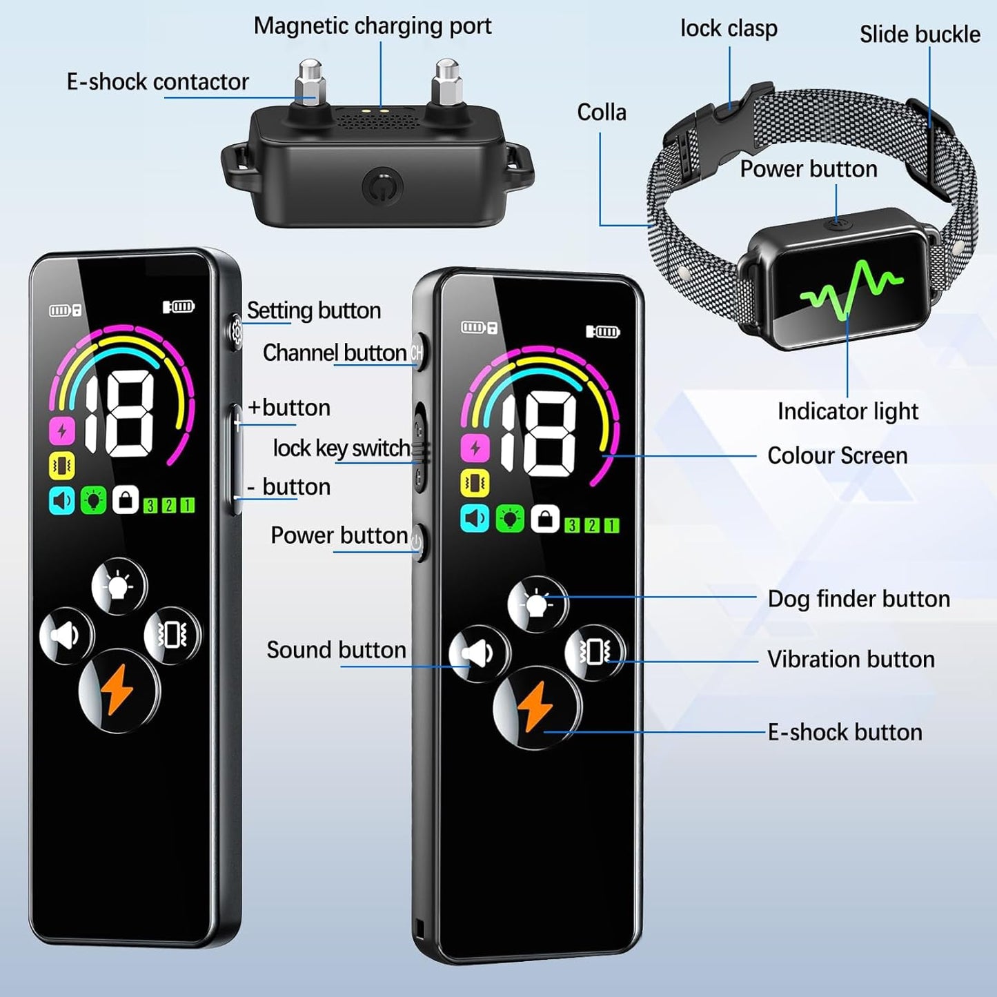 Dog Training Collar, Dog Shock Collar with Remote Control, 4 Training Modes Vibration, Beep, Shock, IP67 Waterproof Keypad Lock Rechargeable E-Collar for All Breed
