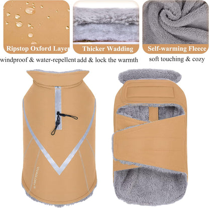 VIVAGLORY Hands Free Dog Leash + Dog Coat, Running Waist Leash with Belt for Running Walking, Warm Fleece Lined Reflective