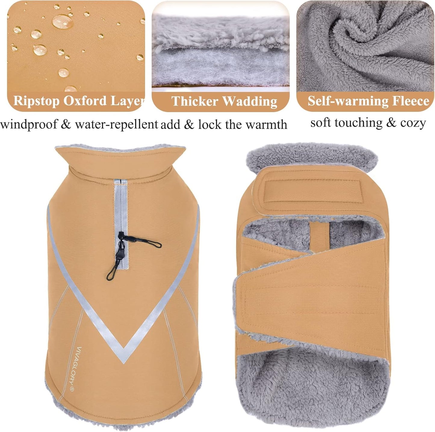 VIVAGLORY Hands Free Dog Leash + Dog Coat, Running Waist Leash with Belt for Running Walking, Warm Fleece Lined Reflective