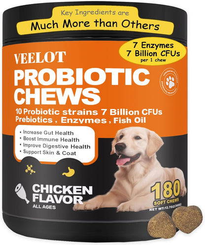 Probiotics for Dogs, Dog Probiotics for Digestive Health and Itchy Skin with 7 Enzymes & 2 Prebiotics. Pet Probiotics lab - Helps Diarrhea, Yeast Infection, Allergies & Immune System -180ct