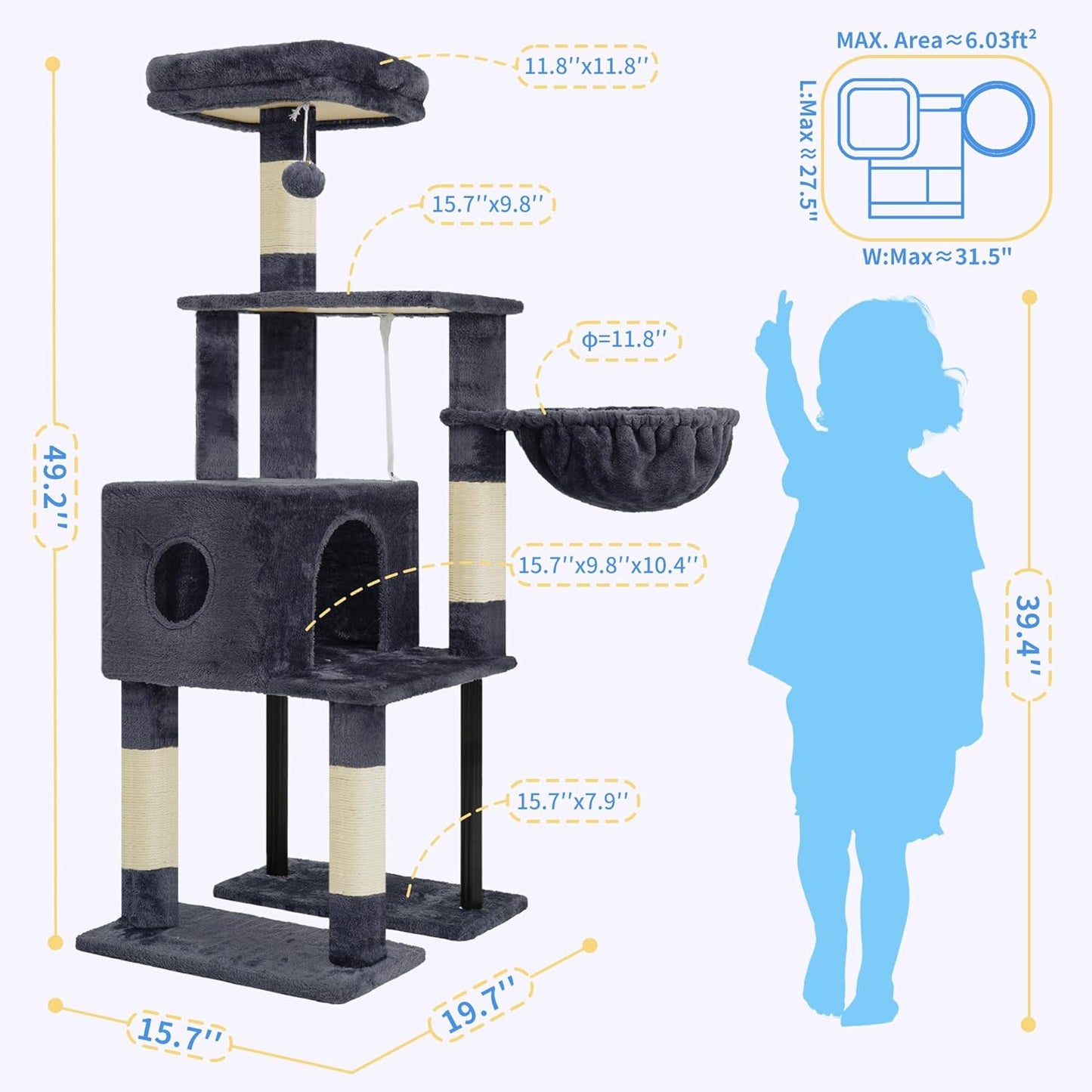 Heybly Cat Tree, 49.2 Inches Cat Tower for Indoor Cats, Spacious Cat House Condo with Hidden Space，Sturdy Steel Tube，Soft Plush Top Perch，Cozy Hammock and Sisal Scratching Posts, Smoky Gray HCT200SG