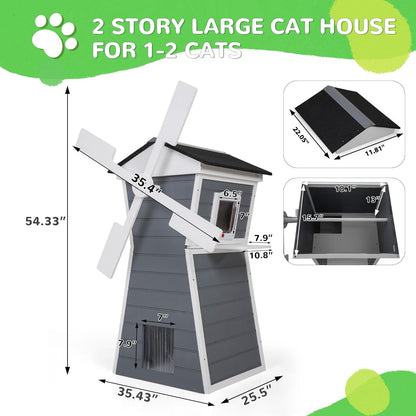 Coziwow Outdoor Cat House,Windmill-Shaped Kitty Enclosure with Waterproof Roof, Jumping Platform & Balcony for Porch or Garden