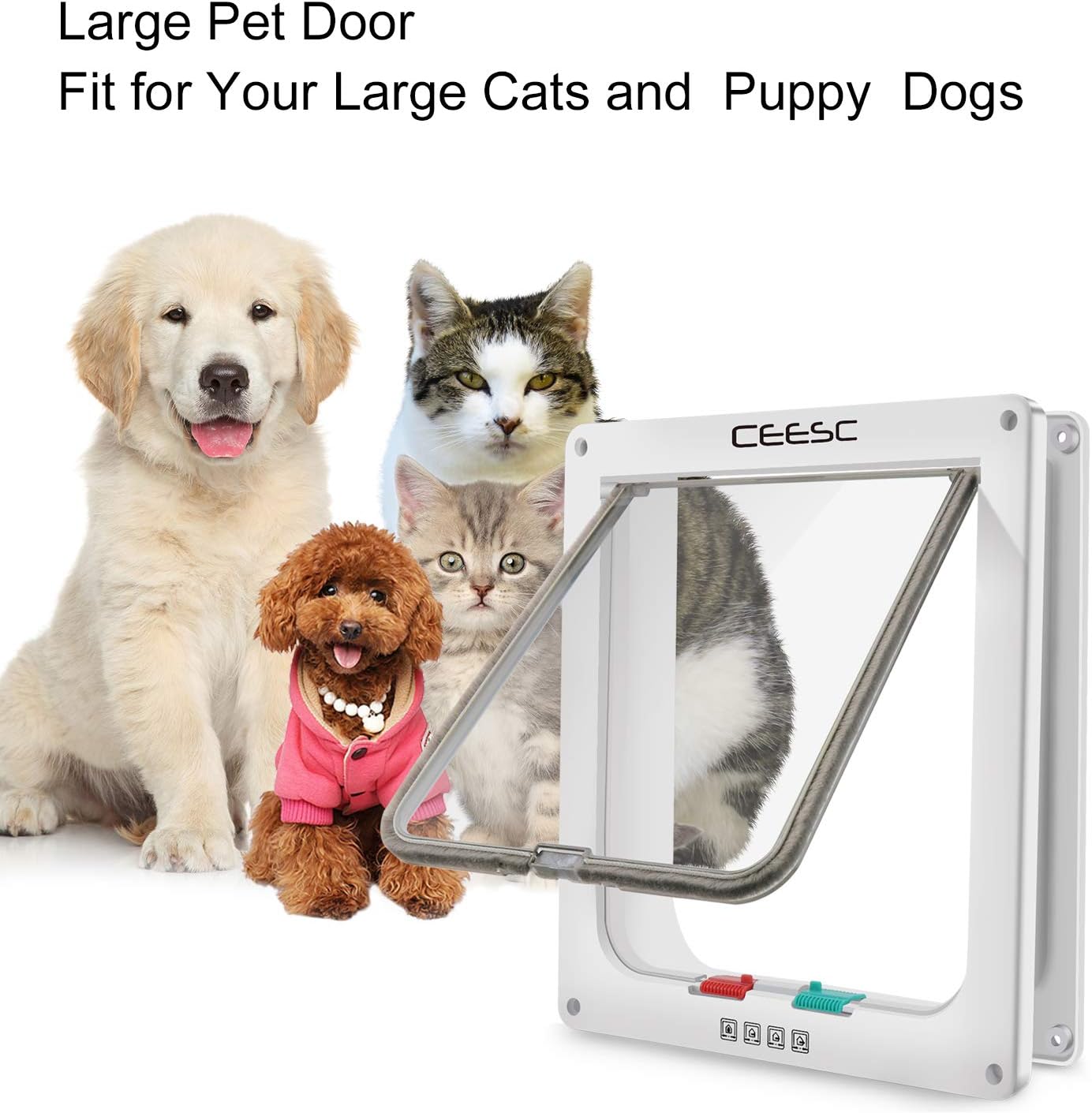 CEESC Extra Large Cat Door (Outer Size 11"x9.8"), Weatherproof, White, ABS Material, 4-Way Locking Flap for Cats & Dogs up to 25.54 lbs