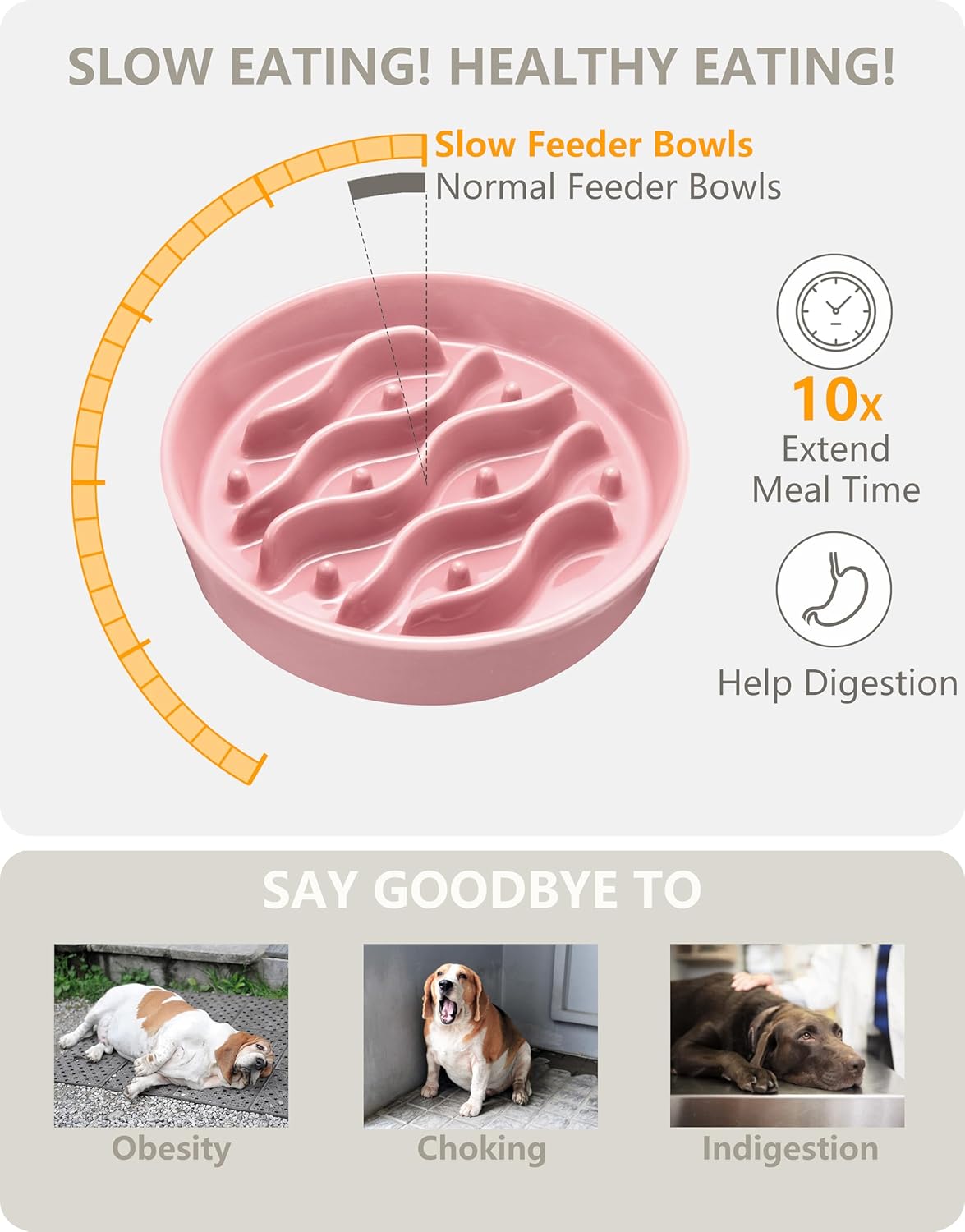 Ceramic Slow Feeder Dog Bowls Elevated, 2.0 Cups Dog Slow Feeder for Medium and Large Dogs, 30oz, 8in, Salmon Pink