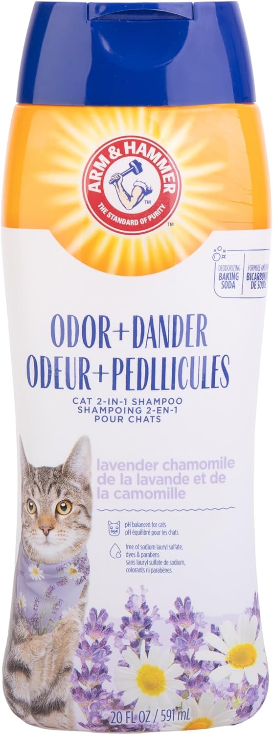 Arm & Hammer 2-in-1 Deodorizing & Dander Reducing Shampoo for Cats, Dander Remover for Dander and Odors, Baking Soda Moisturizes and Deodorizes, Lavender Chamomile Scent, 20 Fl Oz (Pack of 1)