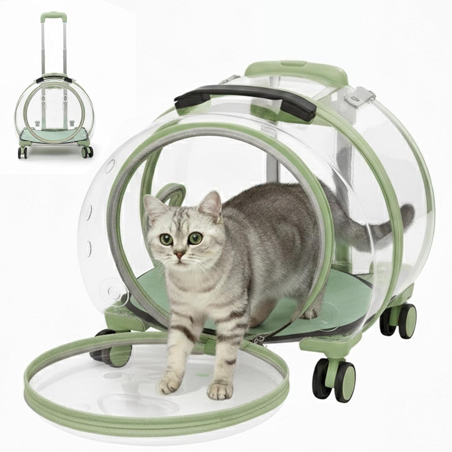 Transparent Hard Cat Carrier with Rolling Wheels, Fully Breathable & Multiple Carrying Options for Dogs, Cats & Bunny – Travel & Walk Friendly (Green)