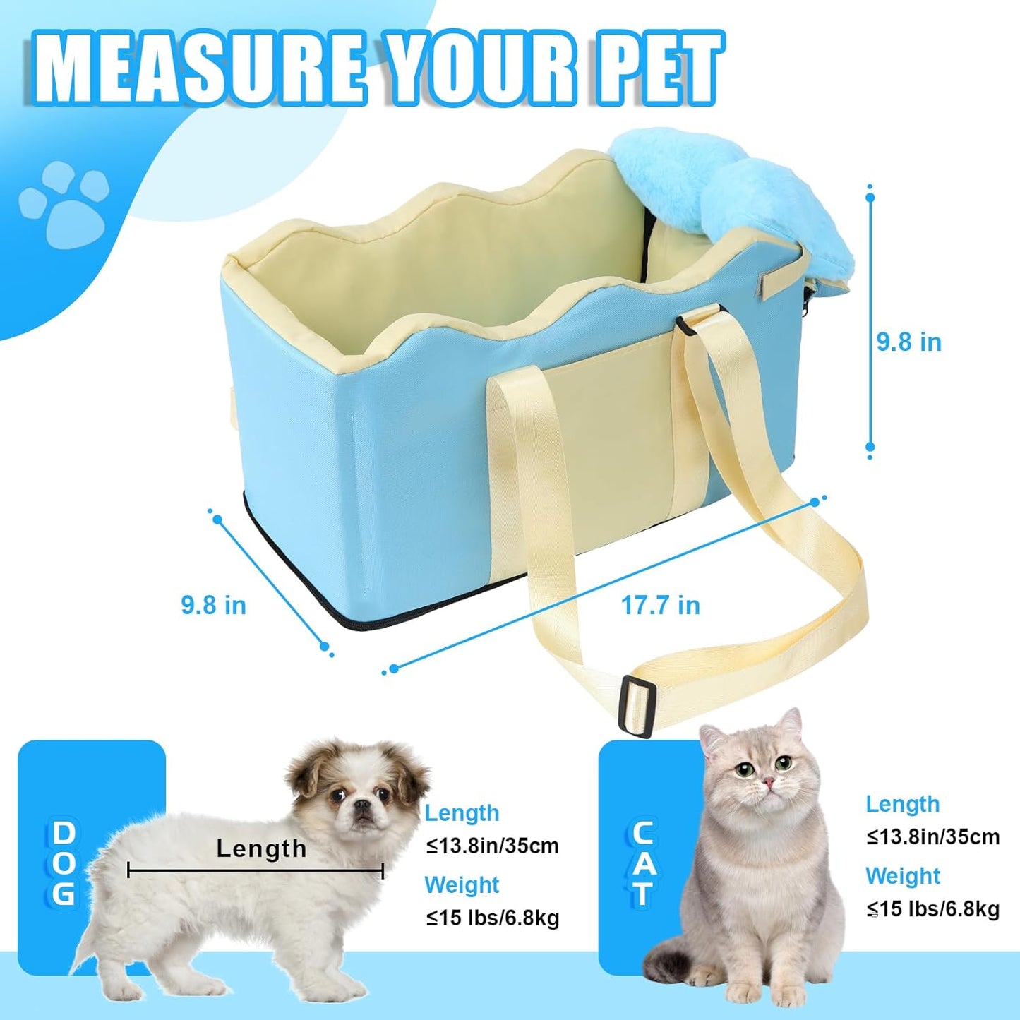 Center Console Dog Car Seat for Small Dogs, Pet Puppy Car Seats with Soft Cushion Safety Belt, Washable Cat Carseats, Pet Bed for Cars, Dog Booster Cars Seats for Dogs Small 5-15 lbs(Blue)