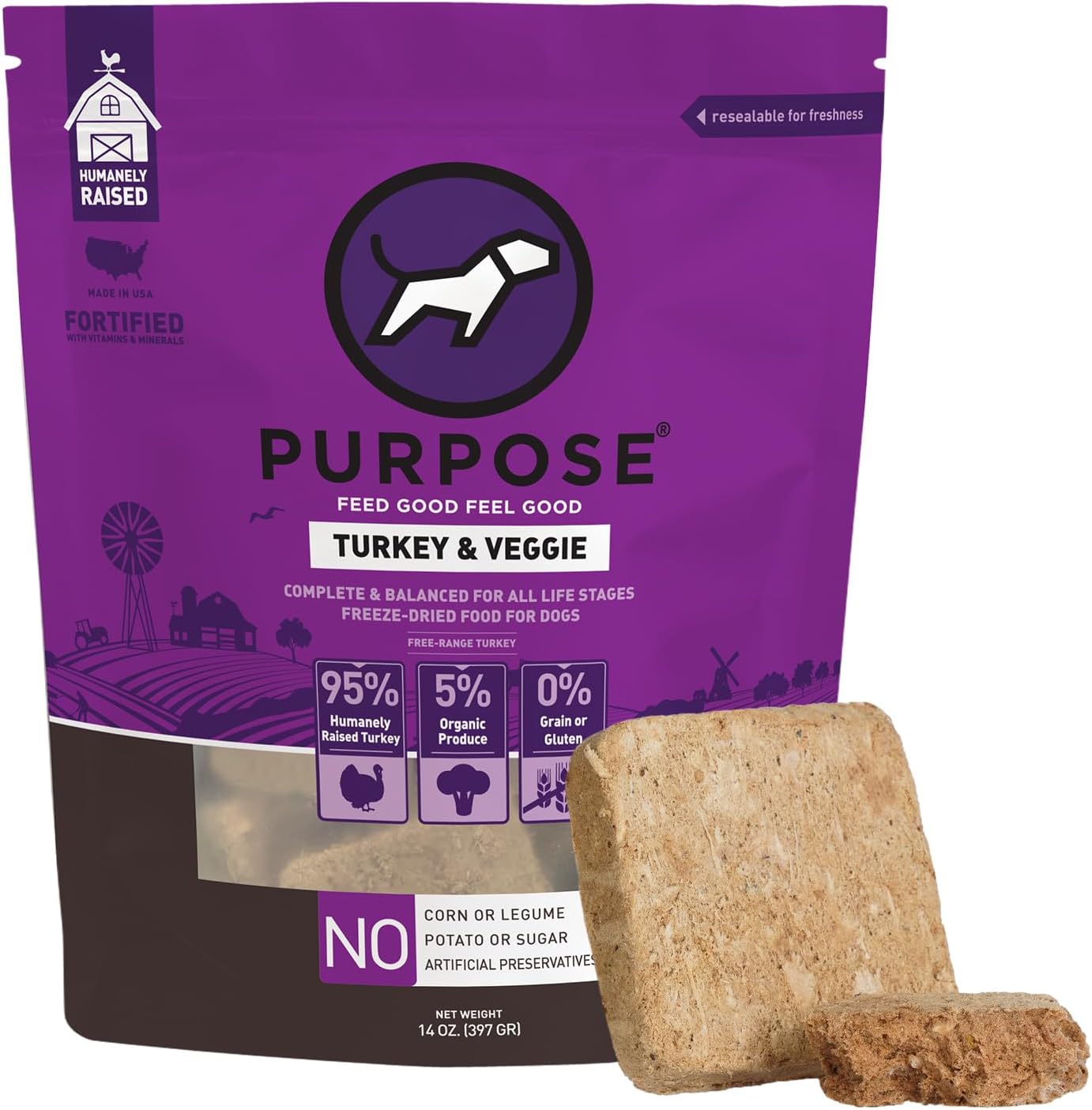 PURPOSE Freeze Dried Raw Dog Food, Grain Free Dry Dog Food, Complete Balanced Meal or Topper, Protein Rich Entree for All Breeds and Life Stages, Turkey & Veggie Recipe, 14 oz, USA Made