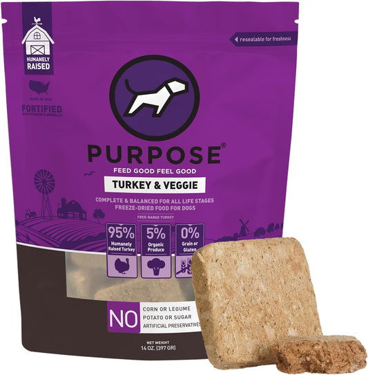 PURPOSE Freeze Dried Raw Dog Food, Grain Free Dry Dog Food, Complete Balanced Meal or Topper, Protein Rich Entree for All Breeds and Life Stages, Turkey & Veggie Recipe, 14 oz, USA Made