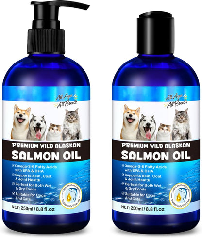 2PCS Alaskan Salmon Oil for Dogs & Cats - Pure Omega 3 Fish Oil with Omega 6 Fatty Acids, EPA & DHA - Anti-Inflammation for Dogs Skin and Coat - Natural Pet Joint, Immune, Brian & Heart Supplement