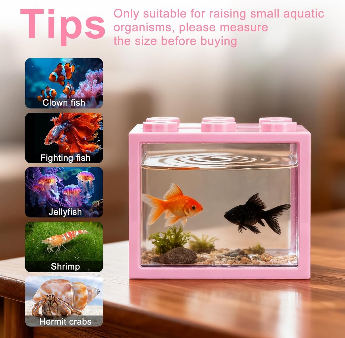 JIABEIUS 2 PCS Small Betta Fish Tank, 0.6 Gallon Mini Aquarium Tank, Pink Cube Fish Bowl, Desktop Stackable Tank for Small Fish, Insect, Shrimp, Turtle, Spider