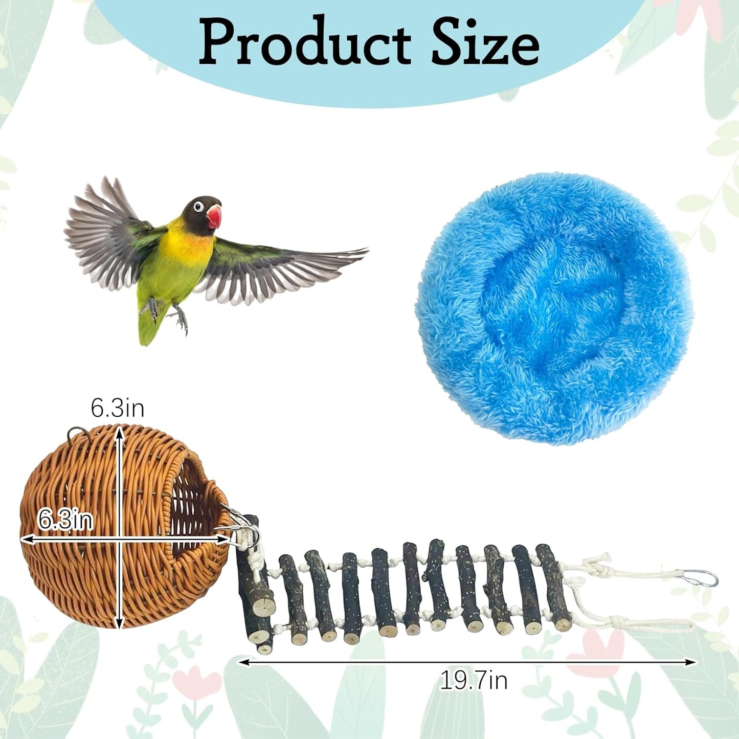 VCEPJH Rattan Bird Nest Hut with Ladder Hanging Bird House for Cage Parakeet Breeding Nest Paly Ground Hideaway for Budgies Conure Finch Cockatiel Parrot Lovebird