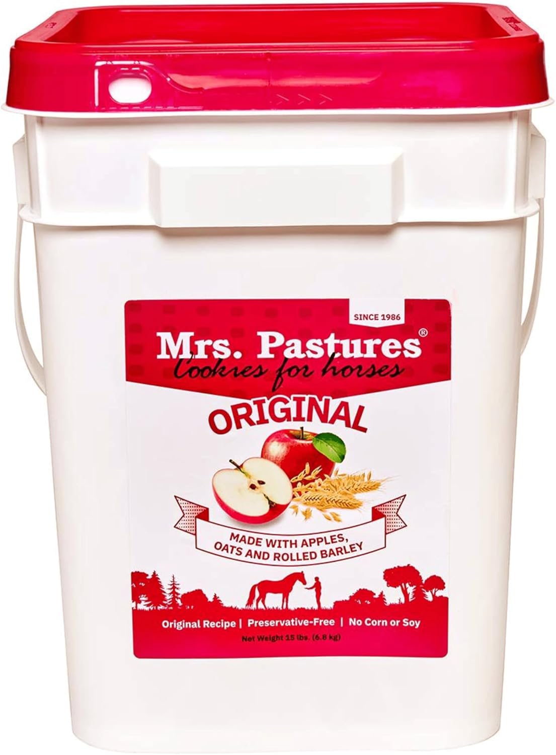 Mrs Pastures Cookies and Treats for Horses - Premium Horse Treats - Made with Apples, Oats, and Rolled Barley - Preservative Free - All Natural Ingredients - No Corn or Soy (15lb Bucket)