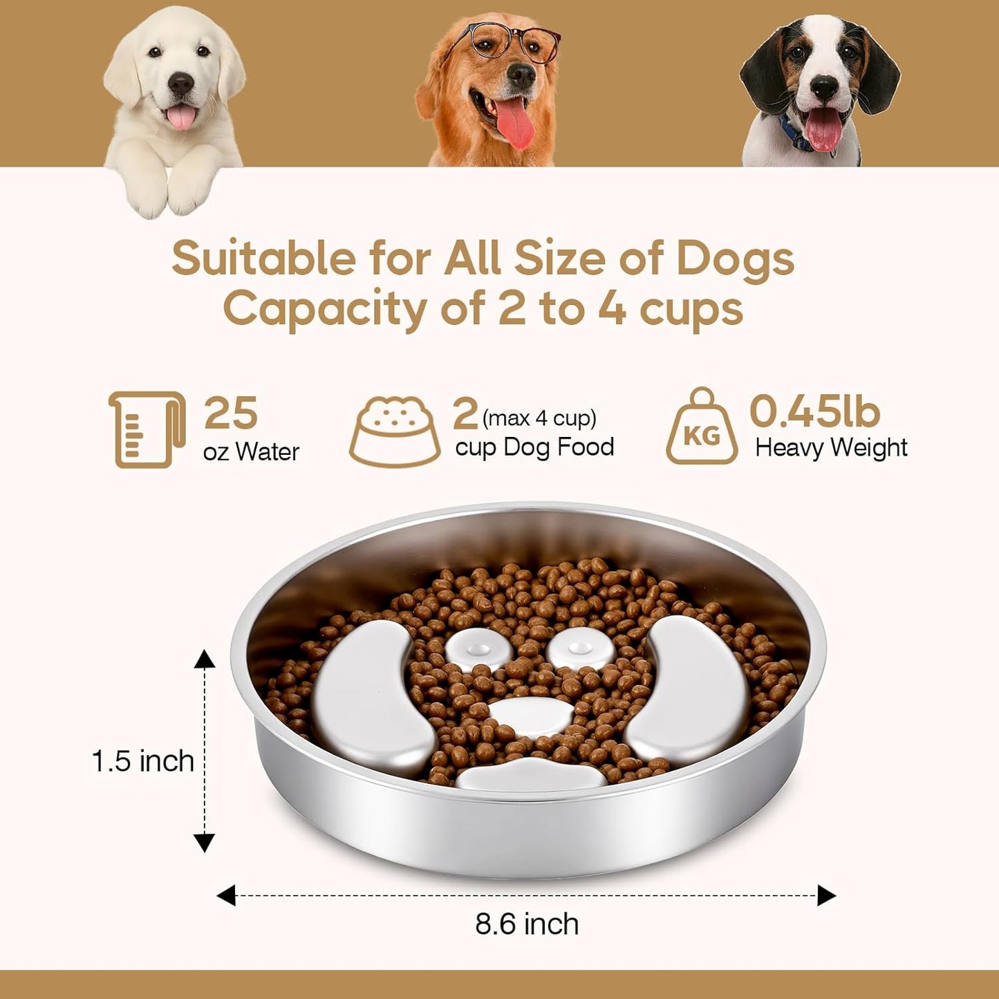 Slow Feeder Dog Bowls, Stainless Steel with Non-Slip Silicone Base Metal Bowl, 2 Cups Large Capacity Slow Feed for Small, Medium, Large Breed Dogs