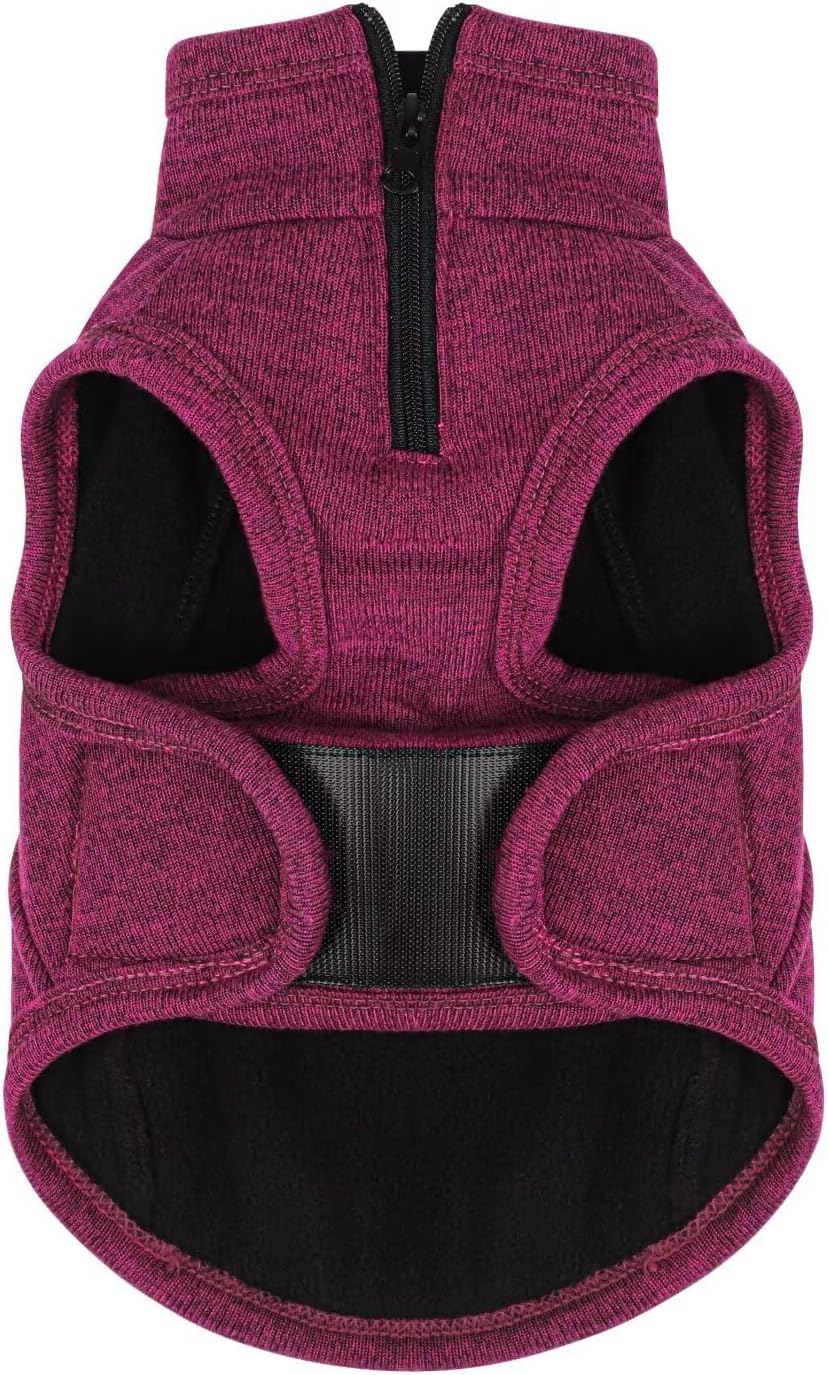 Warm Knit Dog Vest with Fleece Lining – Cold Weather Pet Jacket with Zipper Harness Opening, Adjustable Neck, Cozy and Stylish Year-Round Sweater. Purple M