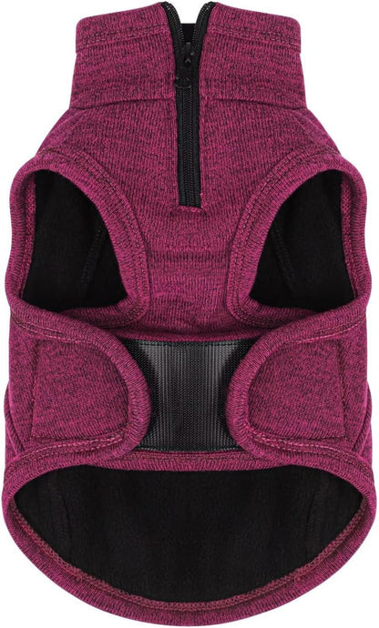 Warm Knit Dog Vest with Fleece Lining – Cold Weather Pet Jacket with Zipper Harness Opening, Adjustable Neck, Cozy and Stylish Year-Round Sweater. Purple M