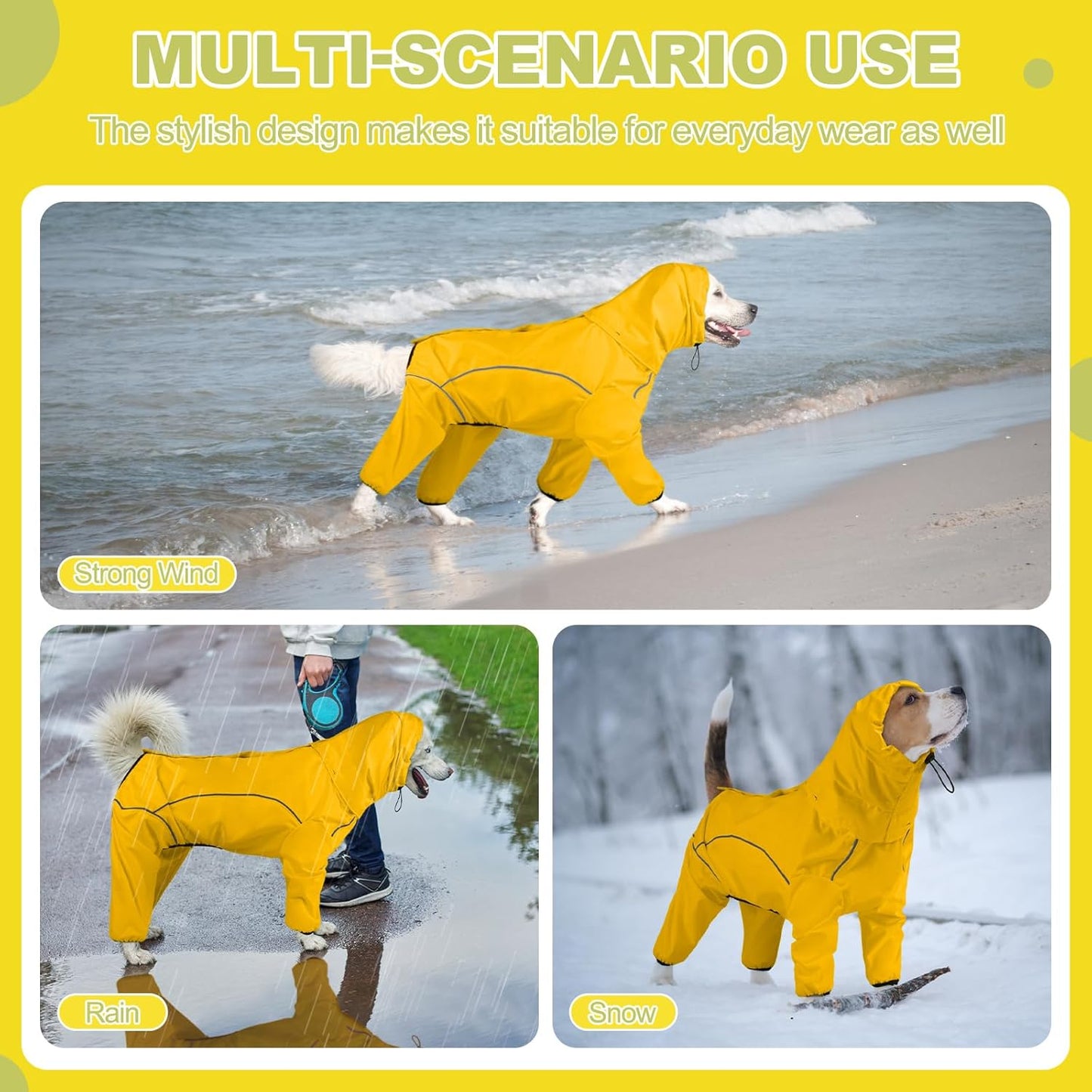 Dog Raincoat, Waterproof Dog Rain Jacket with Removable Hood，Adjustable 4 Legs Pet Poncho with Leash Hole，Reflective Stripe Hooded Snowproof Windproof Clothes for Small to 3X-Large Dogs, XL