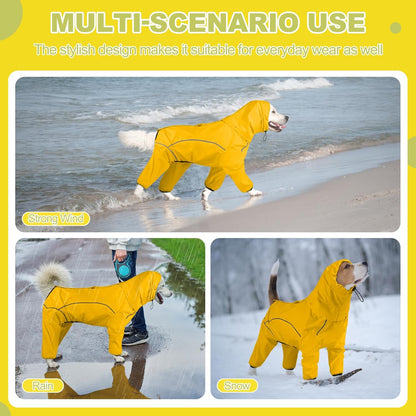 Dog Raincoat, Waterproof Dog Rain Jacket with Removable Hood，Adjustable 4 Legs Pet Poncho with Leash Hole，Reflective Stripe Hooded Snowproof Windproof Clothes for Small to 3X-Large Dogs, XL