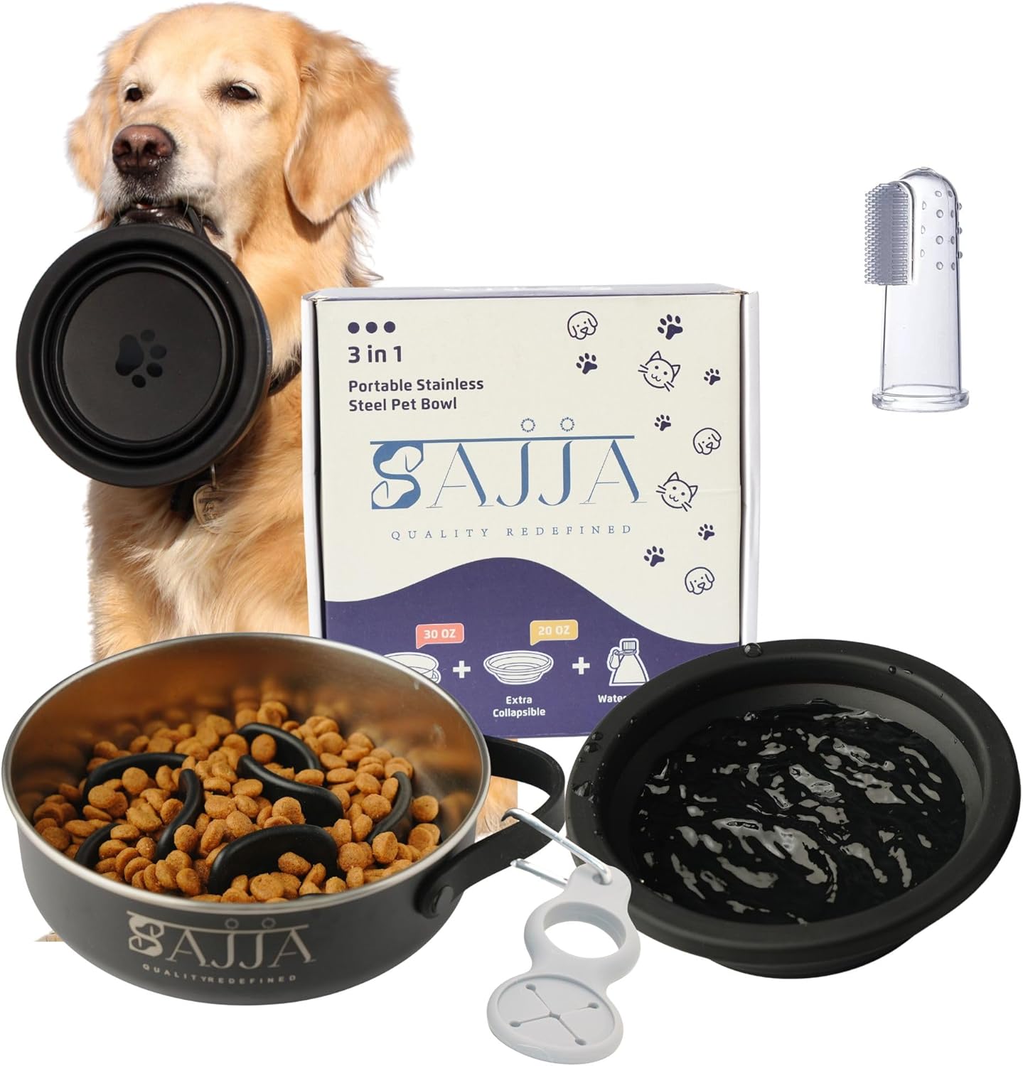 Black Slow Feeder 3-in-1 Travel Dog Bowl Set – 30 OZ Stainless Steel + 20 OZ Collapsible BPA-Free Silicone Bowl Lid | Silicon Slow Feeder Insert | Non-Slip, Anti-Choking|, Carabiner | We give Back