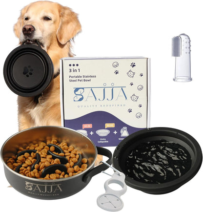 Black Slow Feeder 3-in-1 Travel Dog Bowl Set – 30 OZ Stainless Steel + 20 OZ Collapsible BPA-Free Silicone Bowl Lid | Silicon Slow Feeder Insert | Non-Slip, Anti-Choking|, Carabiner | We give Back