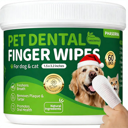 Dog Dental Care Wipes - Tooth Brushing kit, Teeth Cleaning Wipes for Dogs & Cats, Toothbrush Finger Dental Wipes Gum Care & Remove Stain - 60 Count