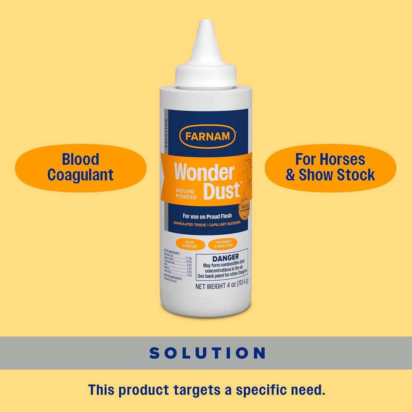 Farnam Wonder Dust Wound Powder, Blood Coagulant for Horses and Show Stock, For Use on Proud Flesh, Granulated Tissue, 4 Ounces