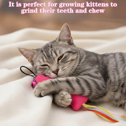 5 PCS Fish and Mice Catnip Toys Plush Filled, Cat Toys Pink Fish Catnip Toy for Cats Flopping Cats Fishs Toy Filled Soft Plush, Premium CatWandToy Accessories with Ribbons for Indoor CatKitten Play