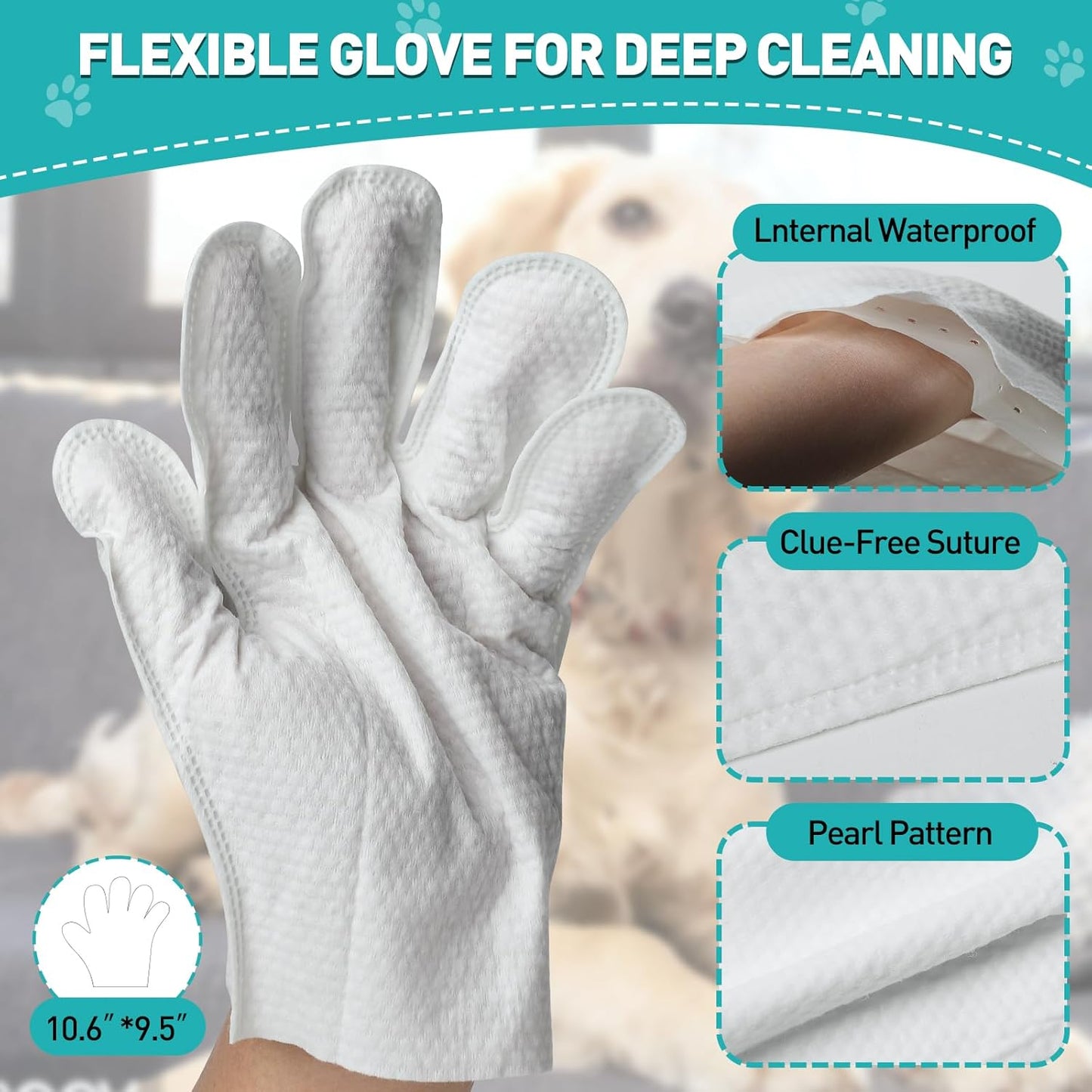QuickClean Pet Cleaning Gloves ，Extra-Thick Pet Glove Wipes for Dogs & Cats – Gentle & Lick-Safe Dog Bath Wipes – Easy Wipe Paws, Eyes, Ears, & Body – Grooming & Deodorizing (6 Pack)