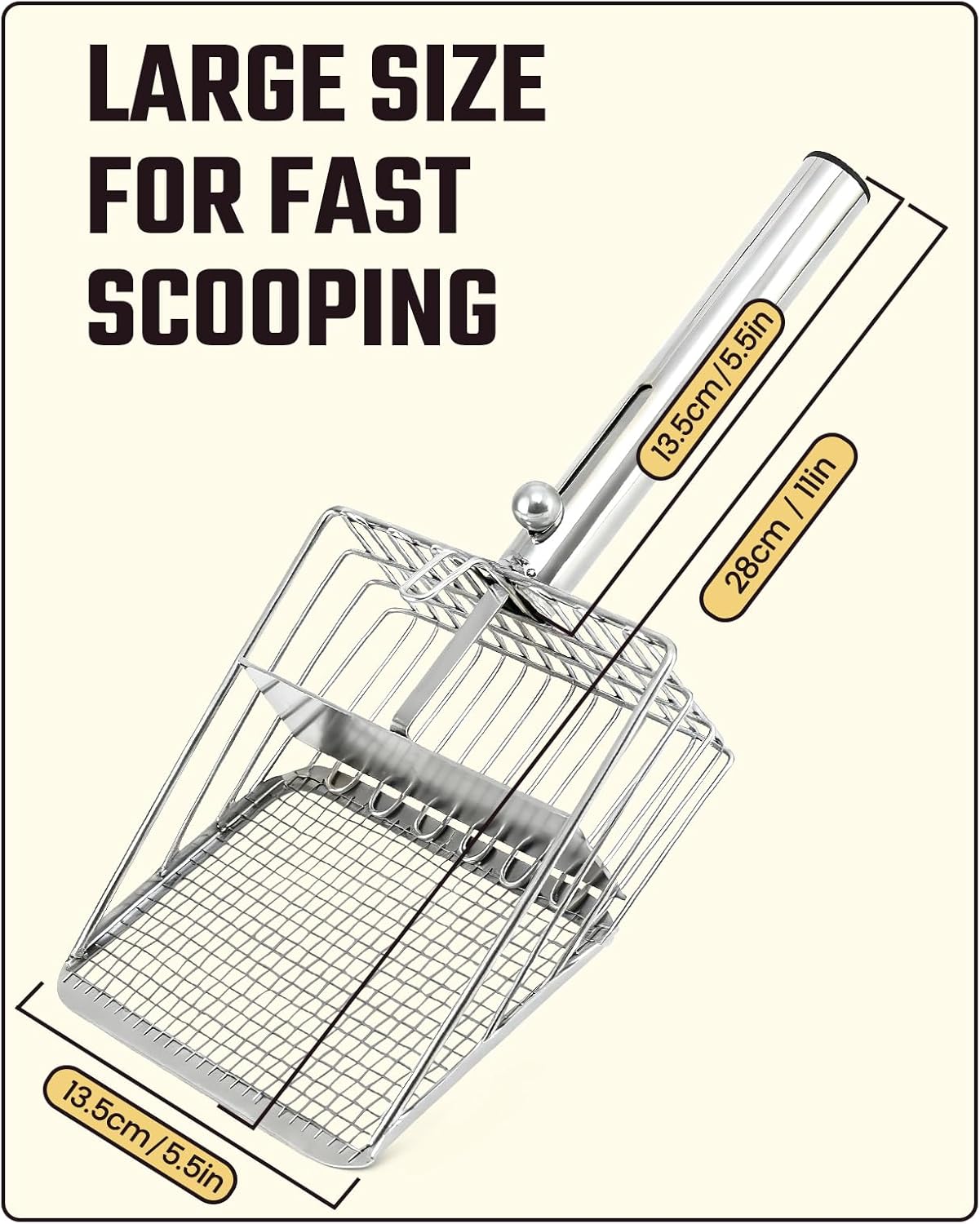 Cat Litter Scoop - Stainless Steel Metal Cat Litter Scoop -Large Size, Deep Shovel, Long Handle, Poop Sifting, Durable, Heavy Duty,Kitten Pooper Lifter for Litter Box