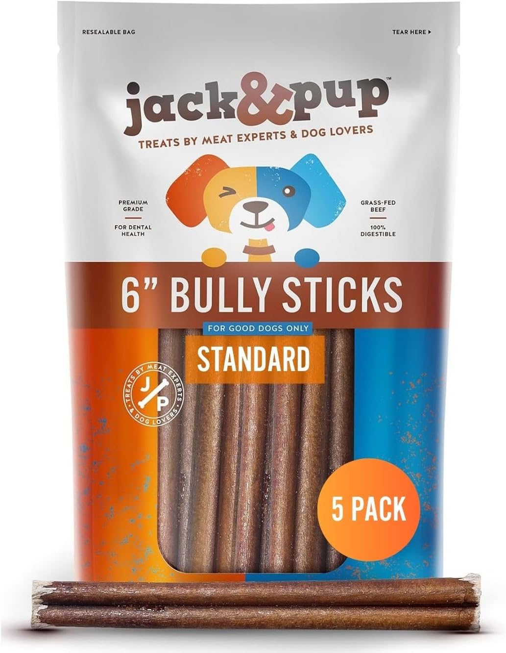 Jack&Pup 6 Inch Thick Bully Sticks for Dogs (5 Pack) Bully Stick Dog Chews, Single Ingredient 100% Beef Bully Sticks for Medium and Large Dogs