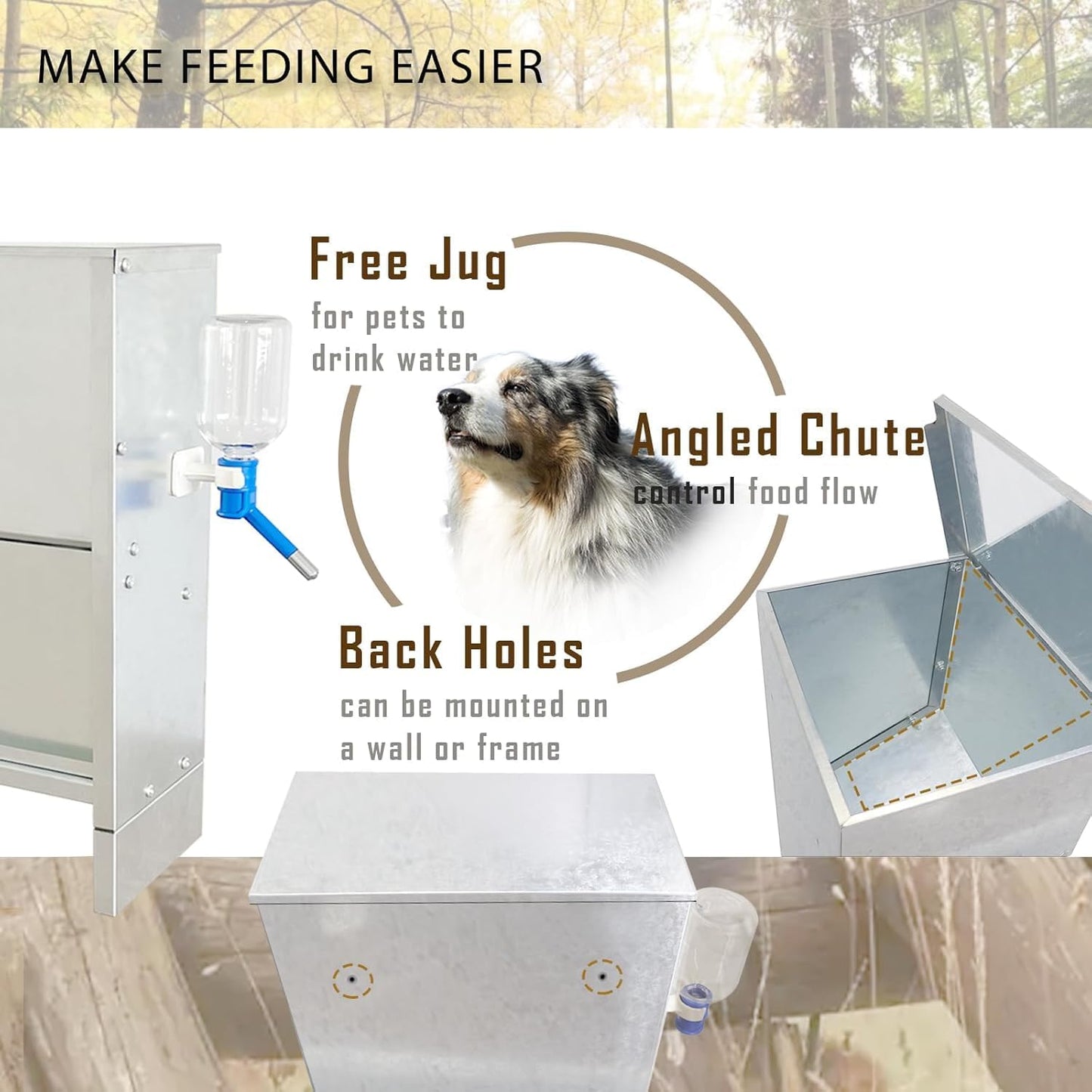 Outdoor Dog Feeder - Holds 40 lbs Food and 500 ml Water - Galvanized Steel Plate for Rain and Sun Protection - Latest Style Auto Large Dog Feeder - Big Dogs can Easily Eat